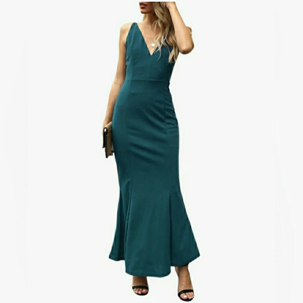 Mermaid Flare Fitted V-neck Maxi Dress In Teal Size M Manydress - Picture 1 of 6